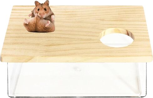 Hamster Sand Bath Box Container, Small Pet Sandbox Lid Design Take Bath Wooden Sandbox Dust Bath, Transparent Bathroom & Digging Box Acrylic Syrian Hamster Litter Box Small Animal Accessories (A) in Kuwait