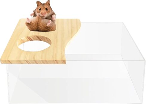 Hamster Sand Bath Box Container, Small Pet Sandbox Lid Design Take Bath Wooden Sandbox Dust Bath, Transparent Bathroom & Digging Box Acrylic Syrian Hamster Litter Box Small Animal Accessories (A) in Kuwait