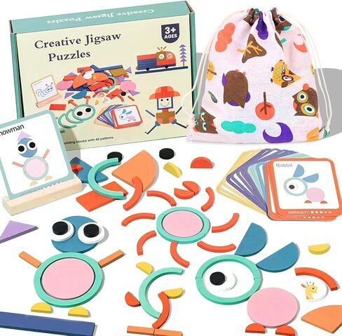 Wooden Shape Puzzles for Toddlers 3+ Years Old，Wooden Pattern Blocks Set Montessori Toys, Back to School, Preschool Education Activity STEM Gift for 3 4 5 Years Old Kids (100 PCS) in Saudi Arabia