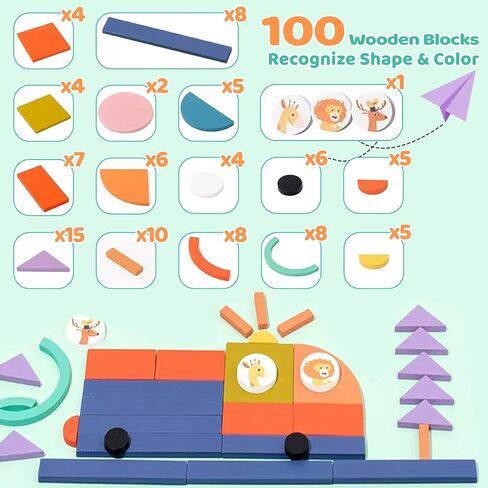 Wooden Shape Puzzles for Toddlers 3+ Years Old，Wooden Pattern Blocks Set Montessori Toys, Back to School, Preschool Education Activity STEM Gift for 3 4 5 Years Old Kids (100 PCS) in Saudi Arabia