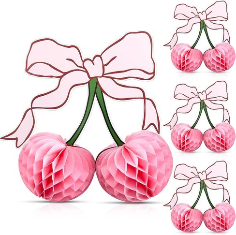 4 Pcs 3D Cherry Bow Honeycomb Birthday Party Decorations 12 Inch Large Cherry Centerpiece Table Decorations for Home Baby Shower (Red) in Saudi Arabia