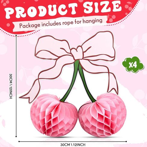 4 Pcs 3D Cherry Bow Honeycomb Birthday Party Decorations 12 Inch Large Cherry Centerpiece Table Decorations for Home Baby Shower (Red) in Saudi Arabia