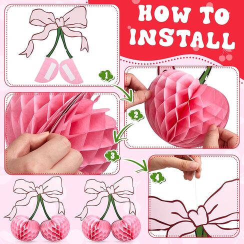 4 Pcs 3D Cherry Bow Honeycomb Birthday Party Decorations 12 Inch Large Cherry Centerpiece Table Decorations for Home Baby Shower (Red) in Saudi Arabia