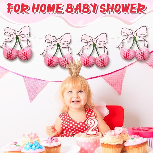 4 Pcs 3D Cherry Bow Honeycomb Birthday Party Decorations 12 Inch Large Cherry Centerpiece Table Decorations for Home Baby Shower (Red) in Saudi Arabia