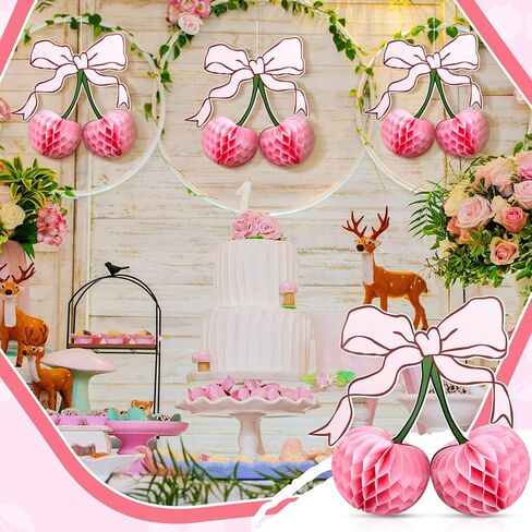 4 Pcs 3D Cherry Bow Honeycomb Birthday Party Decorations 12 Inch Large Cherry Centerpiece Table Decorations for Home Baby Shower (Red) in Saudi Arabia