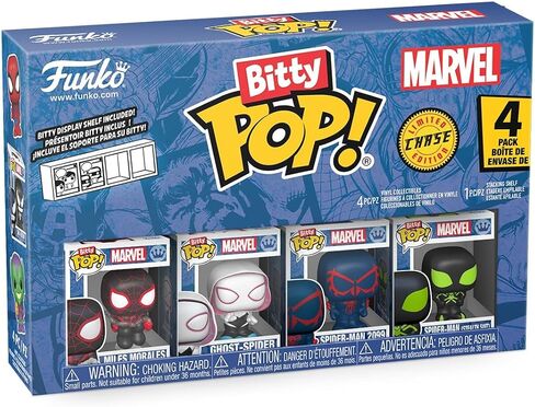 Funko Pop! Bitty: Spider-Man - Miles Morales, Ghost Spider, Spider-Man 2099, and Mystery Chase Figure - 0.9 Inch (2.2 Cm) - Marvel Comics Collectable - Stackable Display Shelf Included - Gift Idea in Saudi Arabia