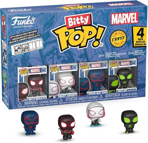 Funko Pop! Bitty: Spider-Man - Miles Morales, Ghost Spider, Spider-Man 2099, and Mystery Chase Figure - 0.9 Inch (2.2 Cm) - Marvel Comics Collectable - Stackable Display Shelf Included - Gift Idea in Saudi Arabia