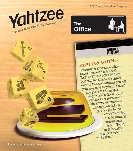 YAHTZEE: The Office Edition, Exclusive Stapler-in-Jello Dice Cup, Roll Your Way to Victory Dunder Mifflin Style, Classic Party Game for Fans, Adults & Families, Official Merchandise & Collectible in Saudi Arabia