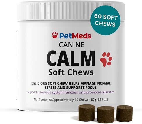 ملحق Petmeds الهادئ للكلاب - القلق والتوتر مع الفيتامينات ، ثيانين وبلسم الليمون - يدعم الكلاب أثناء السفر والرعد والفصل - نكهة البطاطا الحلوة - 60 مضغ ناعم in Kuwait