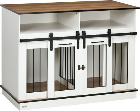 Pawhut Dog Crate Furniture للكلاب الكبيرة أو بيت الكلب المزدوج للكلاب الصغيرة مع الرفوف ، الأبواب المنزلق ، 47 "× 23.5" × 35 "، أبيض in Kuwait