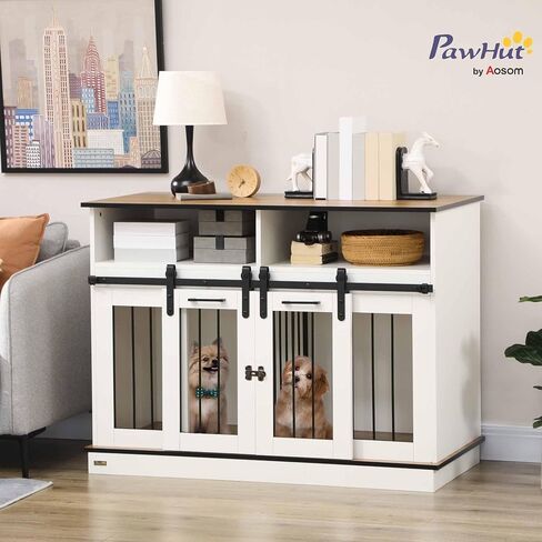 Pawhut Dog Crate Furniture للكلاب الكبيرة أو بيت الكلب المزدوج للكلاب الصغيرة مع الرفوف ، الأبواب المنزلق ، 47 "× 23.5" × 35 "، أبيض in Kuwait