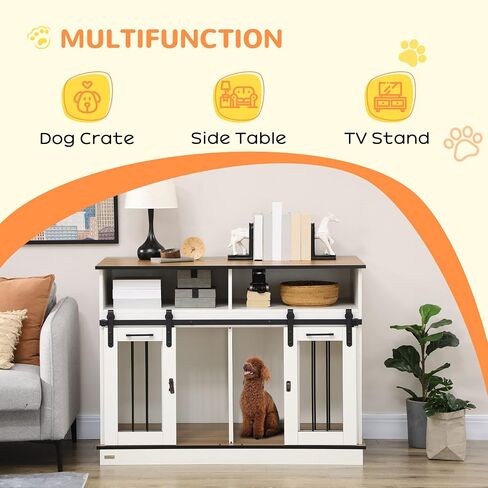Pawhut Dog Crate Furniture للكلاب الكبيرة أو بيت الكلب المزدوج للكلاب الصغيرة مع الرفوف ، الأبواب المنزلق ، 47 "× 23.5" × 35 "، أبيض in Kuwait