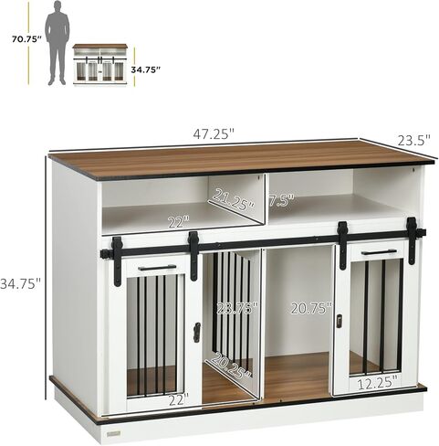Pawhut Dog Crate Furniture للكلاب الكبيرة أو بيت الكلب المزدوج للكلاب الصغيرة مع الرفوف ، الأبواب المنزلق ، 47 "× 23.5" × 35 "، أبيض in Kuwait