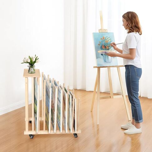 رف التخزين الفني مع عجلات العجلات وصواني تخزين الفن المحمول رف تجفيف الخشب الثقيل من الخشب الهجين للقطن ولوحات الرسم والمواد المطبوعة وتجفيف الحرف اليدوية in Kuwait