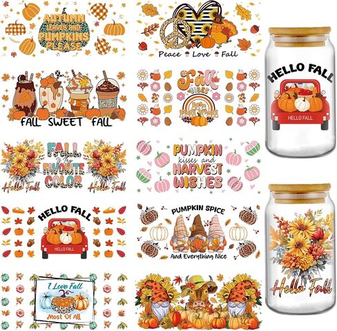 Autumn Transfer UV DTF Stickers - 10 Sheets Thanksgiving Pumpkin Gnome UV DTF Tumbler Wraps for 16 oz Glass Mugs, Fall Leaves Highland Cow Sunflower UV DTF Decals for DIY Halloween Creative Stickers in Saudi Arabia