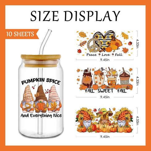 Autumn Transfer UV DTF Stickers - 10 Sheets Thanksgiving Pumpkin Gnome UV DTF Tumbler Wraps for 16 oz Glass Mugs, Fall Leaves Highland Cow Sunflower UV DTF Decals for DIY Halloween Creative Stickers in Saudi Arabia