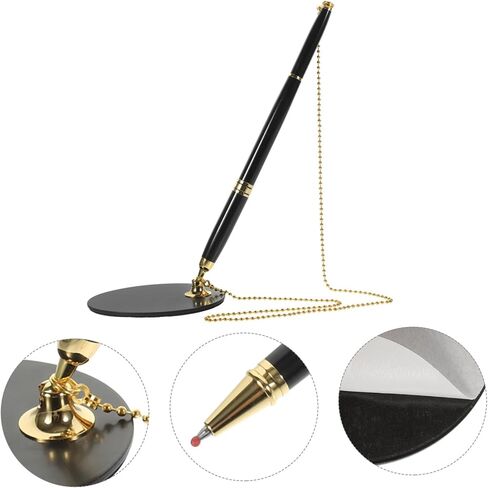 Wear Resistant Security Pen with Adhesive Chain and Abs Holder Smooth Quick Dry Ink Signature Pen for Bank Counters and Office Stainless Steel Accessories in Black with Gold in Saudi Arabia