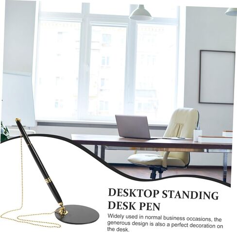 Operitacx Vertical Desktop Pen with Chain and Security Base for Bank Counters Black Writing Pen with Gold Accessories Smooth Ink Compression Resistant Office Supply in Saudi Arabia