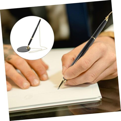 Operitacx Vertical Desktop Pen with Chain and Security Base for Bank Counters Black Writing Pen with Gold Accessories Smooth Ink Compression Resistant Office Supply in Saudi Arabia