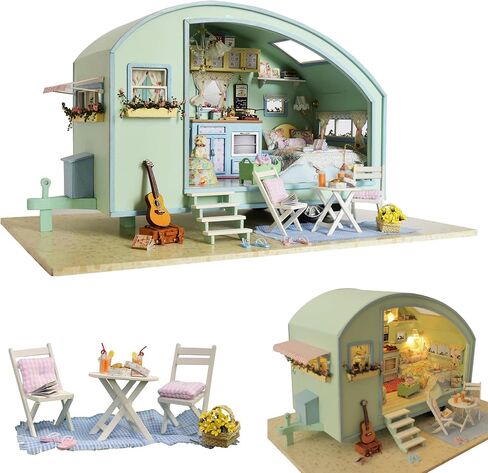 CUTEROOM DIY Miniature Wooden Caravan Dollhouse Kit with Furniture - Creative Mini Doll House Craft for Adults, Teens for Women & Girls in Kuwait
