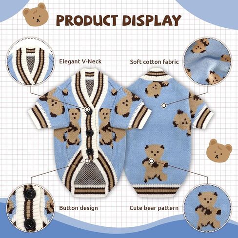Small Dog Sweaters Cute Bear Knitted Dog Cardigans Clothes for Small Medium Dogs Soft Pet Puppy Cat Knitting Outfits Fall Winter Warm Boy Girl Dogs Knitwear Coat Apparel（Blue,Small） in Kuwait