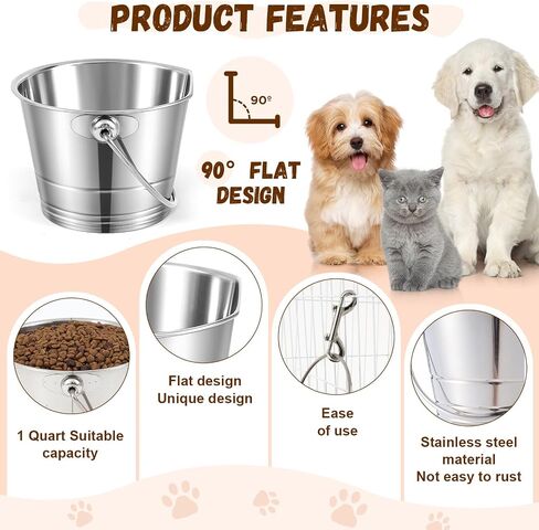 Mumufy 4 Set 1 Quart Stainless Steel Flat Side Bucket Durable Water Pails with Double Ended Snaps Small Metal Bucket Flat Back Water Pails for Dogs Cats Kennels Cages Fences Pet Container in Saudi Arabia