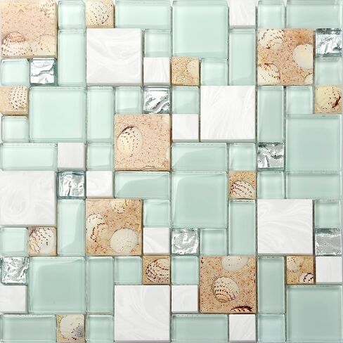 بلاط الفسيفساء الحجري الشاطئ الساحلي - بحيرة أخضر ، أبيض وأحجار رملية ، تصميم قذيفة للمطبخ ، جدران حمام ودش ، ديكور سبا (5 أقدام مربعة) in Kuwait