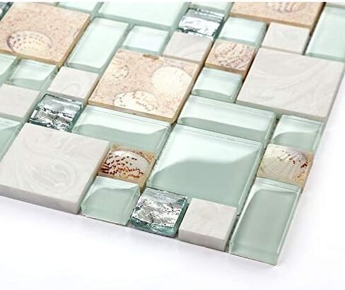 بلاط الفسيفساء الحجري الشاطئ الساحلي - بحيرة أخضر ، أبيض وأحجار رملية ، تصميم قذيفة للمطبخ ، جدران حمام ودش ، ديكور سبا (5 أقدام مربعة) in Kuwait