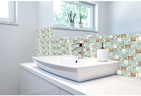 بلاط الفسيفساء الحجري الشاطئ الساحلي - بحيرة أخضر ، أبيض وأحجار رملية ، تصميم قذيفة للمطبخ ، جدران حمام ودش ، ديكور سبا (5 أقدام مربعة) in Kuwait