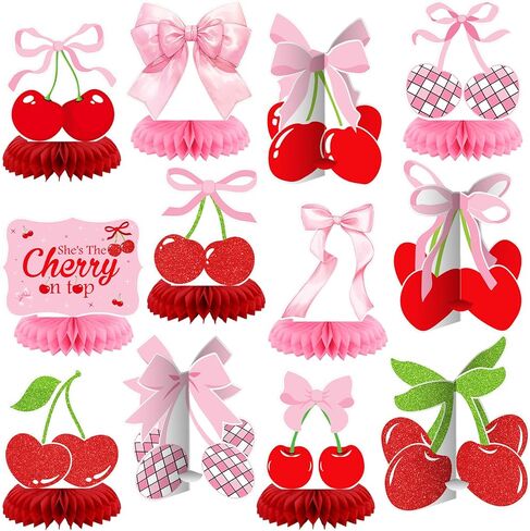 12 PCS Cherry Birthday Party Decoration إنها الكرز على أعلى قرص العسل المركزي 3D Red Pink Bow Table Table Topper for Women Bachelor Baby Shower Party Supplies in Saudi Arabia