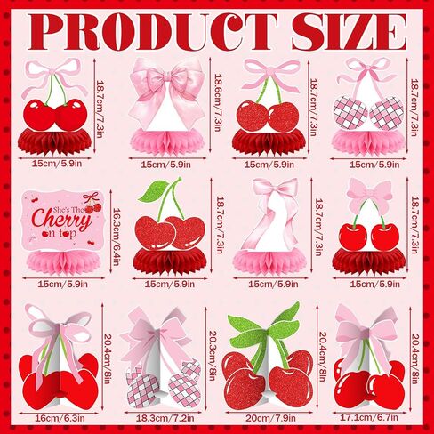 12 PCS Cherry Birthday Party Decoration إنها الكرز على أعلى قرص العسل المركزي 3D Red Pink Bow Table Table Topper for Women Bachelor Baby Shower Party Supplies in Saudi Arabia