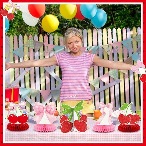 12 PCS Cherry Birthday Party Decoration إنها الكرز على أعلى قرص العسل المركزي 3D Red Pink Bow Table Table Topper for Women Bachelor Baby Shower Party Supplies in Saudi Arabia