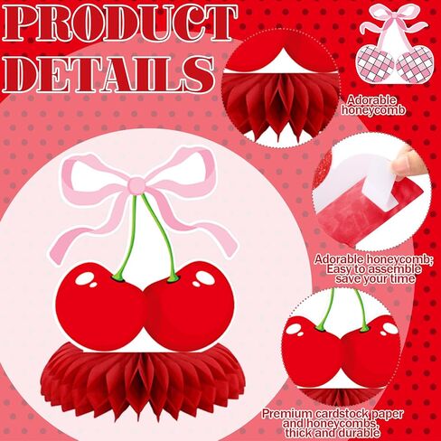 12 PCS Cherry Birthday Party Decoration إنها الكرز على أعلى قرص العسل المركزي 3D Red Pink Bow Table Table Topper for Women Bachelor Baby Shower Party Supplies in Saudi Arabia