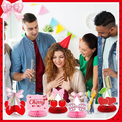 12 PCS Cherry Birthday Party Decoration إنها الكرز على أعلى قرص العسل المركزي 3D Red Pink Bow Table Table Topper for Women Bachelor Baby Shower Party Supplies in Saudi Arabia