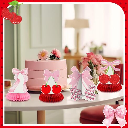 12 PCS Cherry Birthday Party Decoration إنها الكرز على أعلى قرص العسل المركزي 3D Red Pink Bow Table Table Topper for Women Bachelor Baby Shower Party Supplies in Saudi Arabia