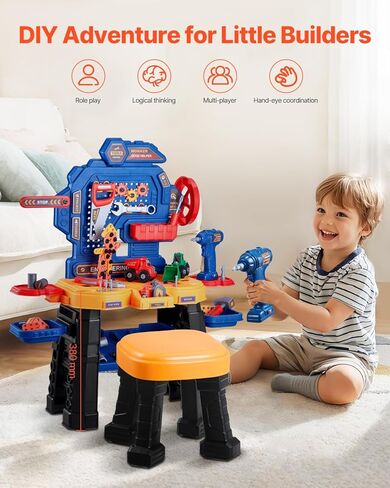 VEVOR Baby Tool Set for 1 Year Old Boy Girl Birthday Gifts, 9 in 1 Musical Learning Workbench for Toddler, Early Educational Tool Bench Toy with Sounds Lights Shape Sorter for Kids 12-18 Months in Kuwait