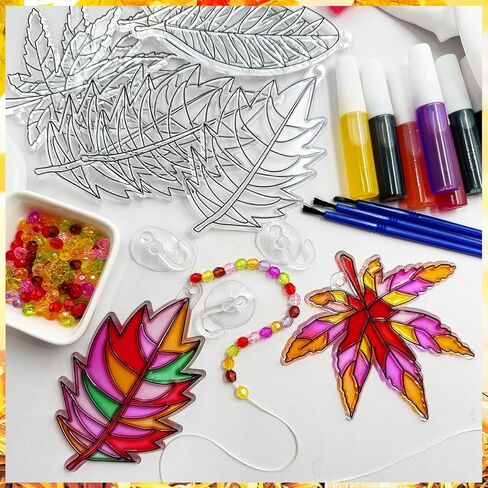 Suncatcher Kit 32 Sets Fall Leaf Suncatchers Window Art Paint Sun Catcher DIY Craft Kits Autumn Maple Leaf Sun Catchers Bulk for Classroom Thanksgiving Harvest Party Art Project Decoration in Kuwait