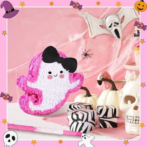 Haull 3 PCS كبير الهالوين الوردي Piñatas 16 × 15.4 بوصة شبح أبيض عصبي Piñata مع عصا وعصابة للعصاب من ألعاب Candy Boys Girls Mexican Halloween Supplies Party Supplies in Kuwait