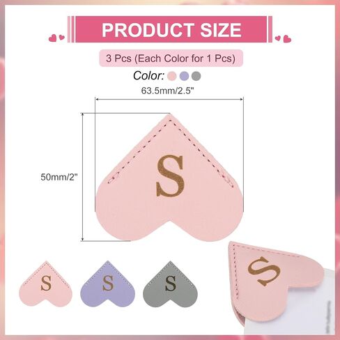 PATIKIL Initial S Corner Bookmarks, 3Pcs Heart Shape Leather Book Marks Page Markers Cute Page Clip for Men Women Teacher Reader Book Lover Writers, Pink Purple Gray in Saudi Arabia