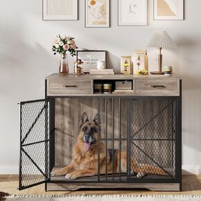 44 Inch Dog Crate Furniture with Drawers, Wooden Dog Cage with Open Compartment & Double Doors, Heavy Duty Indoor House End Table for Small Medium Large Breeds, Vintage Brown & Black in Kuwait