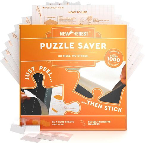 Newverest 24-Pack Puzzle Glue Sheets 10×10″ – Preserve & Display 4 × 1000-Piece Jigsaw Puzzles – Peel & Stick Puzzle Saver with 8 Adhesive Hangers – No Glue, No Mess, Ships Flat, Gift-Ready Box in Kuwait