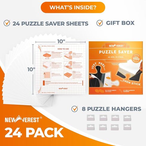 Newverest 24-Pack Puzzle Glue Sheets 10×10″ – Preserve & Display 4 × 1000-Piece Jigsaw Puzzles – Peel & Stick Puzzle Saver with 8 Adhesive Hangers – No Glue, No Mess, Ships Flat, Gift-Ready Box in Kuwait