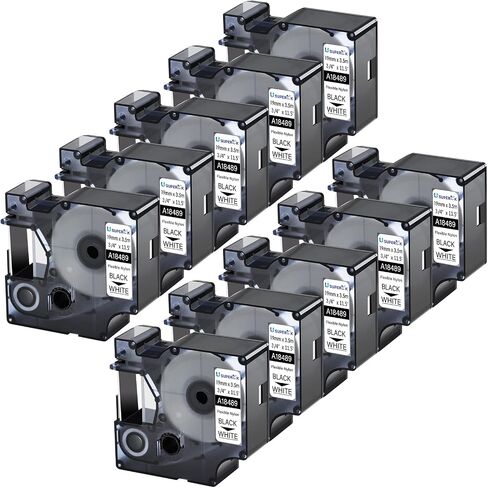 Superink 10 Pack 19mm 19mm Rhino المرن ملصقات نايلون متوافقة مع Dymo Industrial 18489 Black on White Label Tape 3/4 'x 11.5ft لأسلاك الكابلات تعمل في Rhino 4200 5200 6000 3M PL200 PL300 Maker in Kuwait