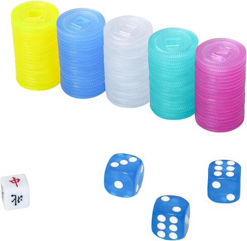 Plastic Colored Mahjong Scoring Coins, 100pcs Chips for Mahjong Games, 5 Colors（Red, Yellow, Green, Blue, White） with 1 Indicator and 3 dice in Saudi Arabia