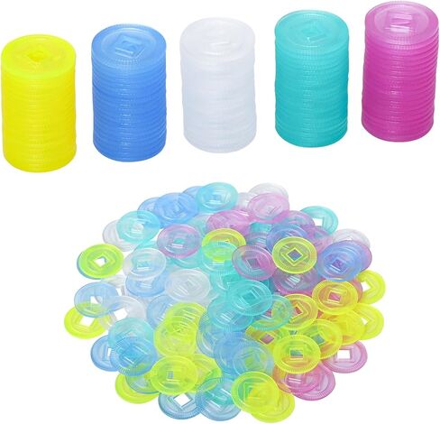 Plastic Colored Mahjong Scoring Coins, 100pcs Chips for Mahjong Games, 5 Colors（Red, Yellow, Green, Blue, White） with 1 Indicator and 3 dice in Saudi Arabia