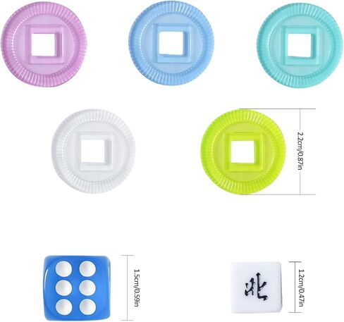 Plastic Colored Mahjong Scoring Coins, 100pcs Chips for Mahjong Games, 5 Colors（Red, Yellow, Green, Blue, White） with 1 Indicator and 3 dice in Saudi Arabia