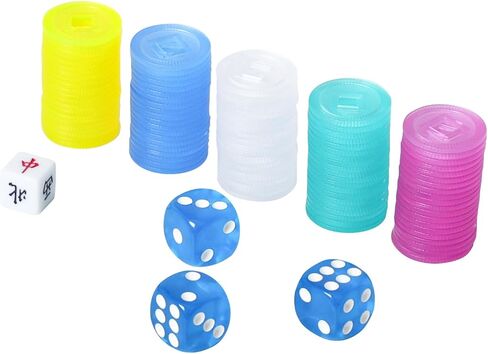 Plastic Colored Mahjong Scoring Coins, 100pcs Chips for Mahjong Games, 5 Colors（Red, Yellow, Green, Blue, White） with 1 Indicator and 3 dice in Saudi Arabia