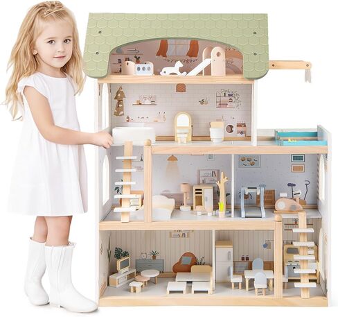 Costzon Wooden Dollhouse, Kids DIY Pretend Playhouse w/ 33 PCS Furniture Accessories, Modern Family Play House Toy w/Balcony, Pool for Girls & Boys Ages 3+ Years Old in Saudi Arabia