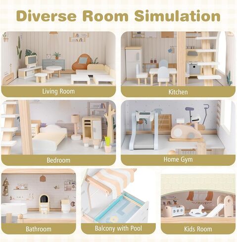 Costzon Wooden Dollhouse, Kids DIY Pretend Playhouse w/ 33 PCS Furniture Accessories, Modern Family Play House Toy w/Balcony, Pool for Girls & Boys Ages 3+ Years Old in Saudi Arabia