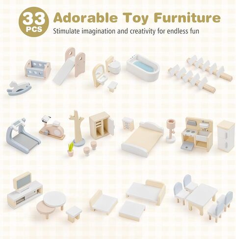 Costzon Wooden Dollhouse, Kids DIY Pretend Playhouse w/ 33 PCS Furniture Accessories, Modern Family Play House Toy w/Balcony, Pool for Girls & Boys Ages 3+ Years Old in Saudi Arabia